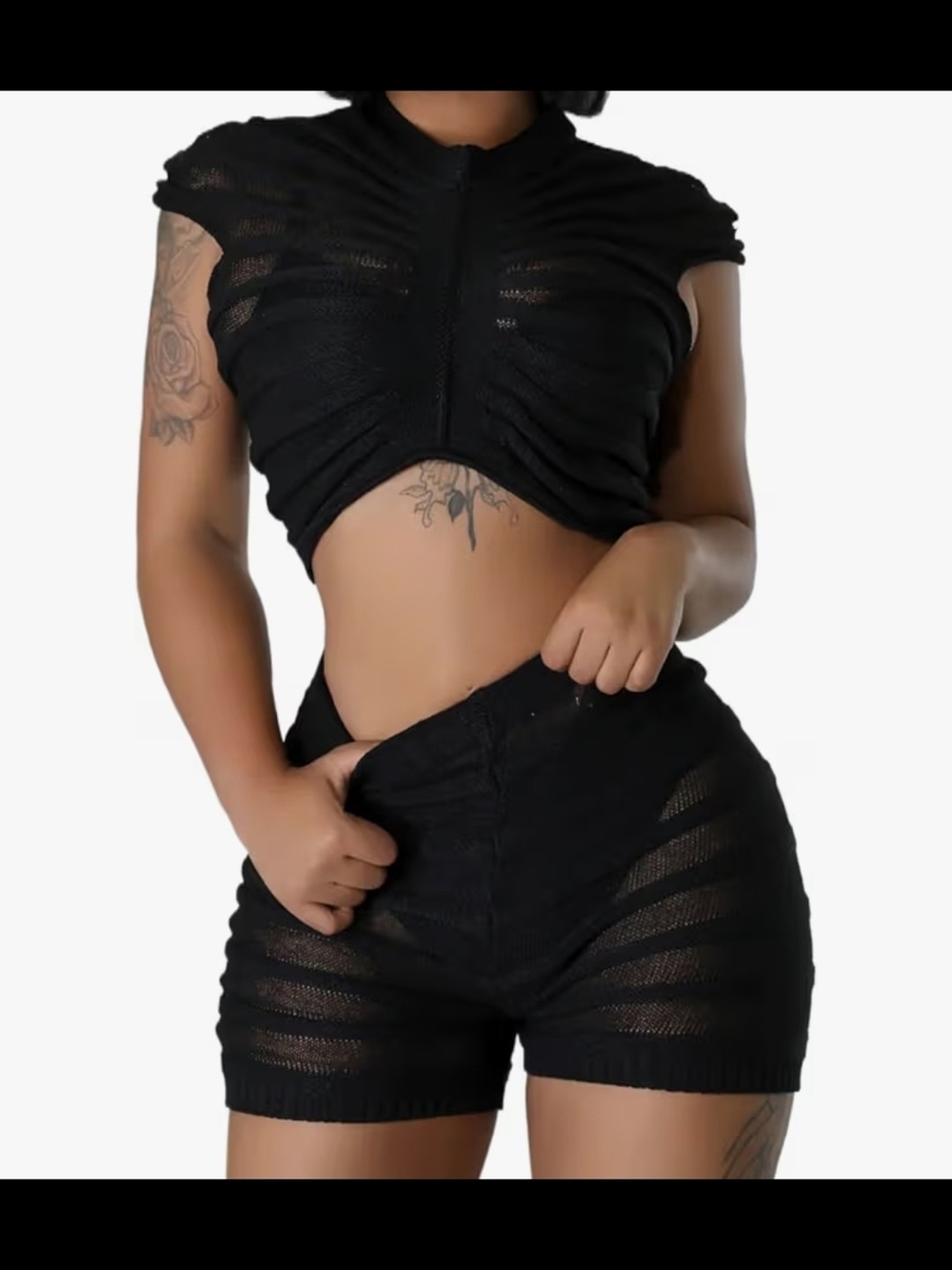 Black Women’s Ribbed Zip-Front Crop Top & Shorts Set